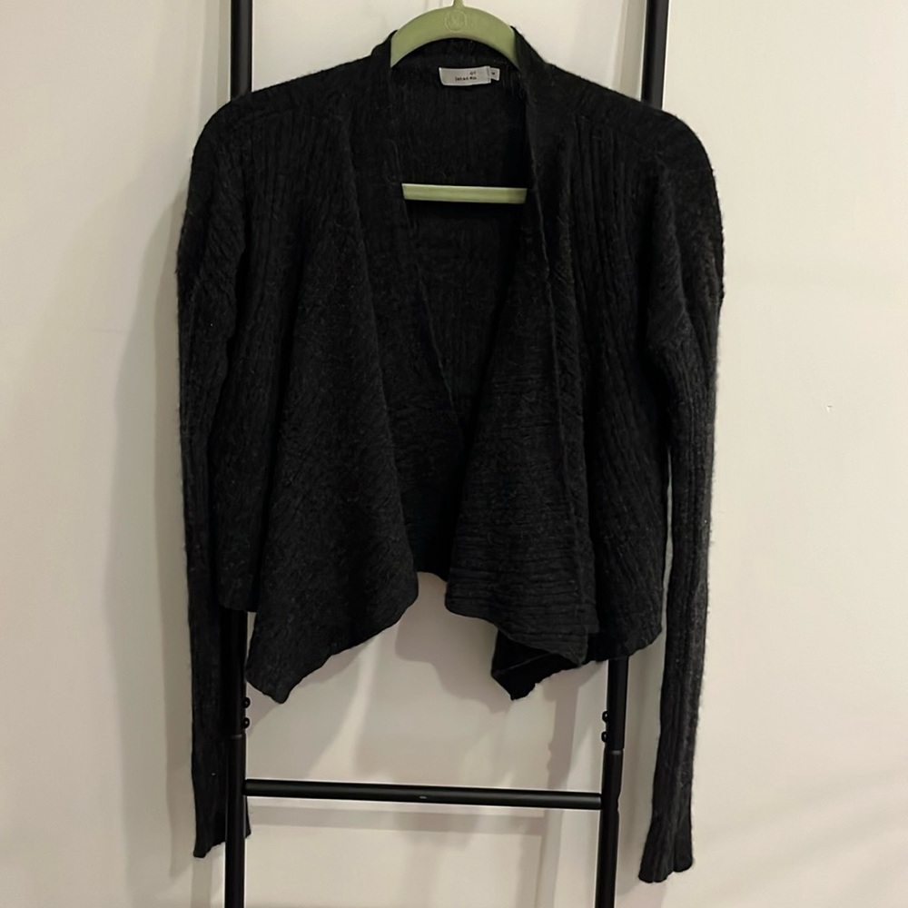 O1 Johan Ku Dark Gray Cashmere Open Front Long Sleeve Knit Cardigan Women Size M